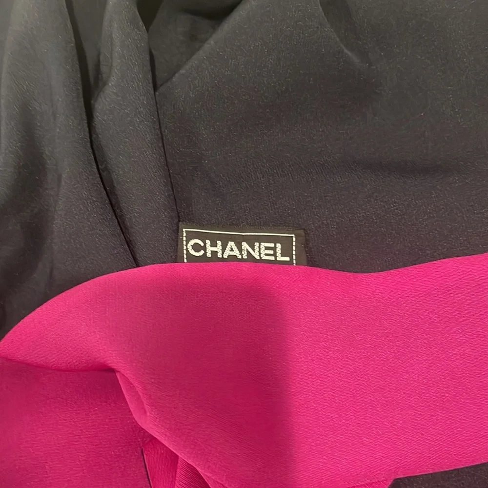 Vintage Double Sided Chanel Silk Scarf. Black reverses to magenta.